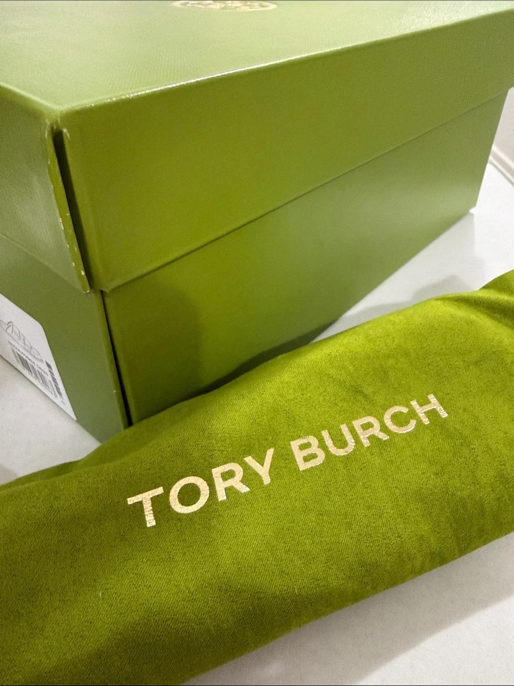 Tory Burch Bright Lime Green Box with Gold Logo and Matching Dust Bag